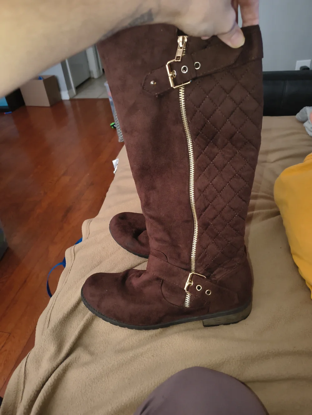 Women's Brown Quilted Suede Knee-High Boots with Gold Zip Accent